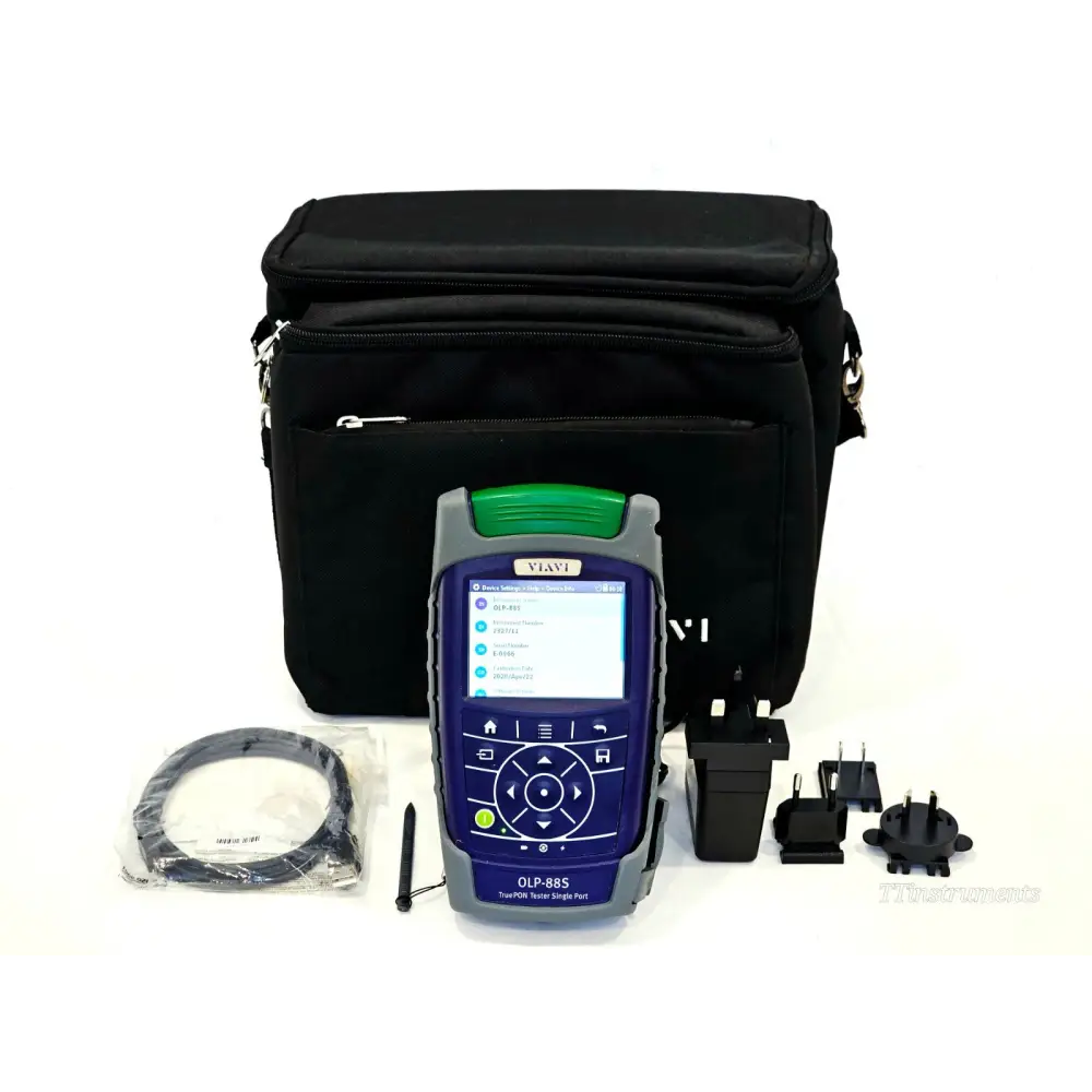 VIAVI OLP-88S TruePON Tester complete kit with carry case, USB cable, stylus, and universal PSU adapters