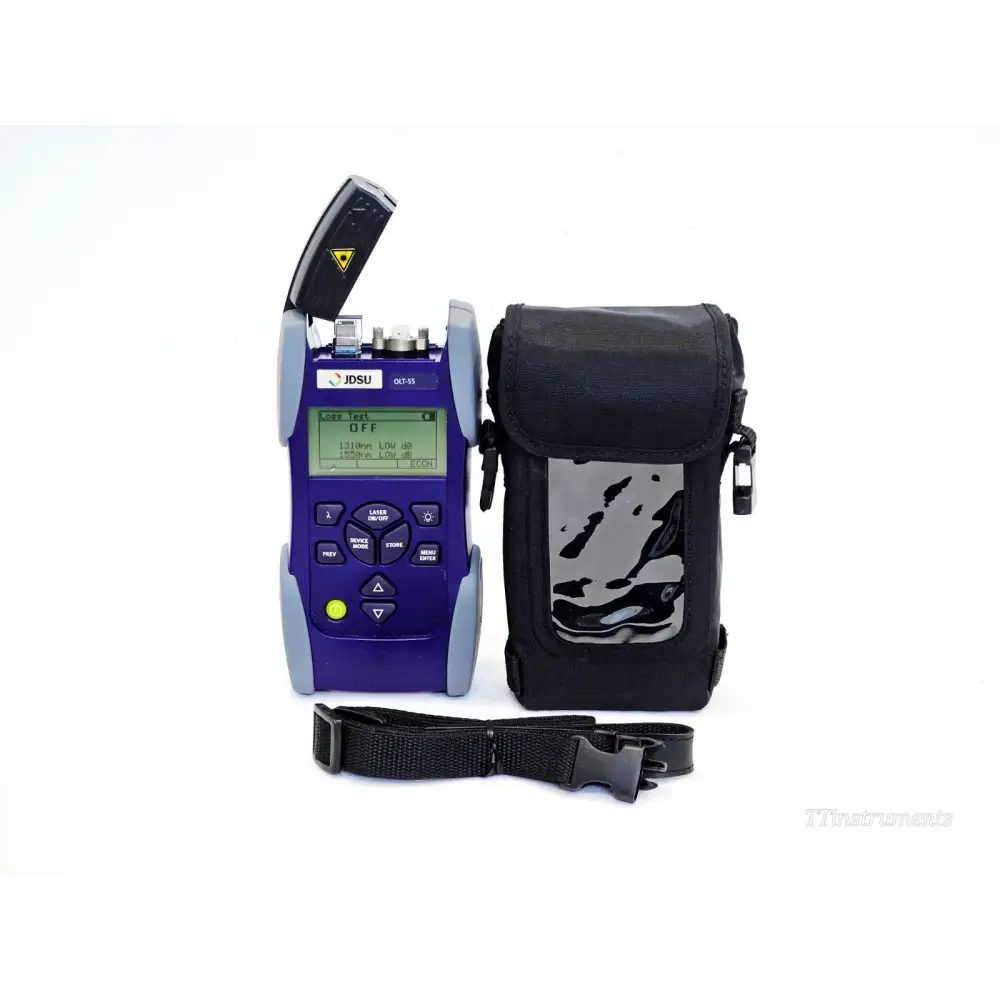 JDSU OLT-55 optical loss test set front view with port cover open, Loss Test screen visible, alongside black soft carry case and shoulder strap