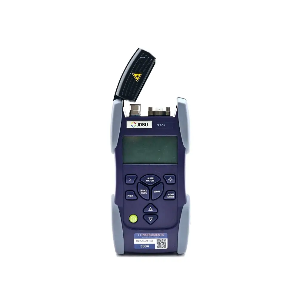 JDSU OLT-55 SmartClass Optical Loss Test Set front view with port cover open showing fibre connectors