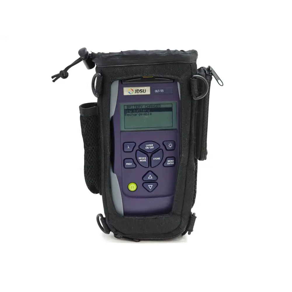 OLT-55 SmartClass specification label showing 1310 1490 1550 nm wavelengths and model details
