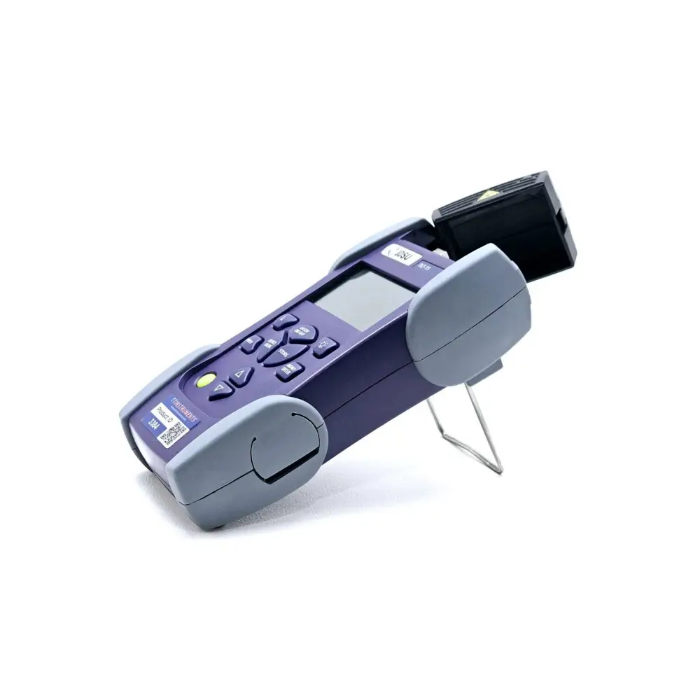 JDSU OLT-55 SmartClass Optical Loss Test Set angled top view showing keypad, LCD display and open port cover