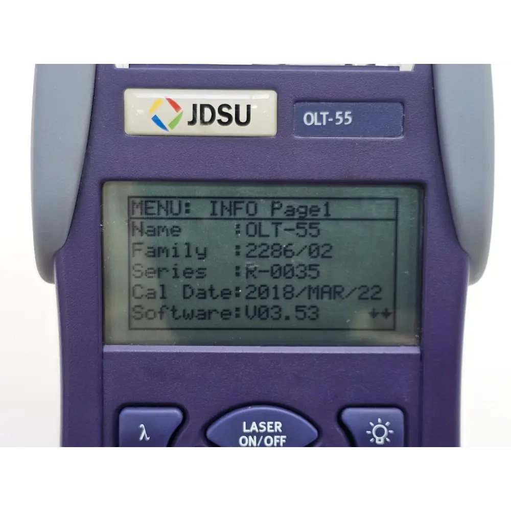 OLT-55 2286/02 optical loss test set showing product label and serial number area