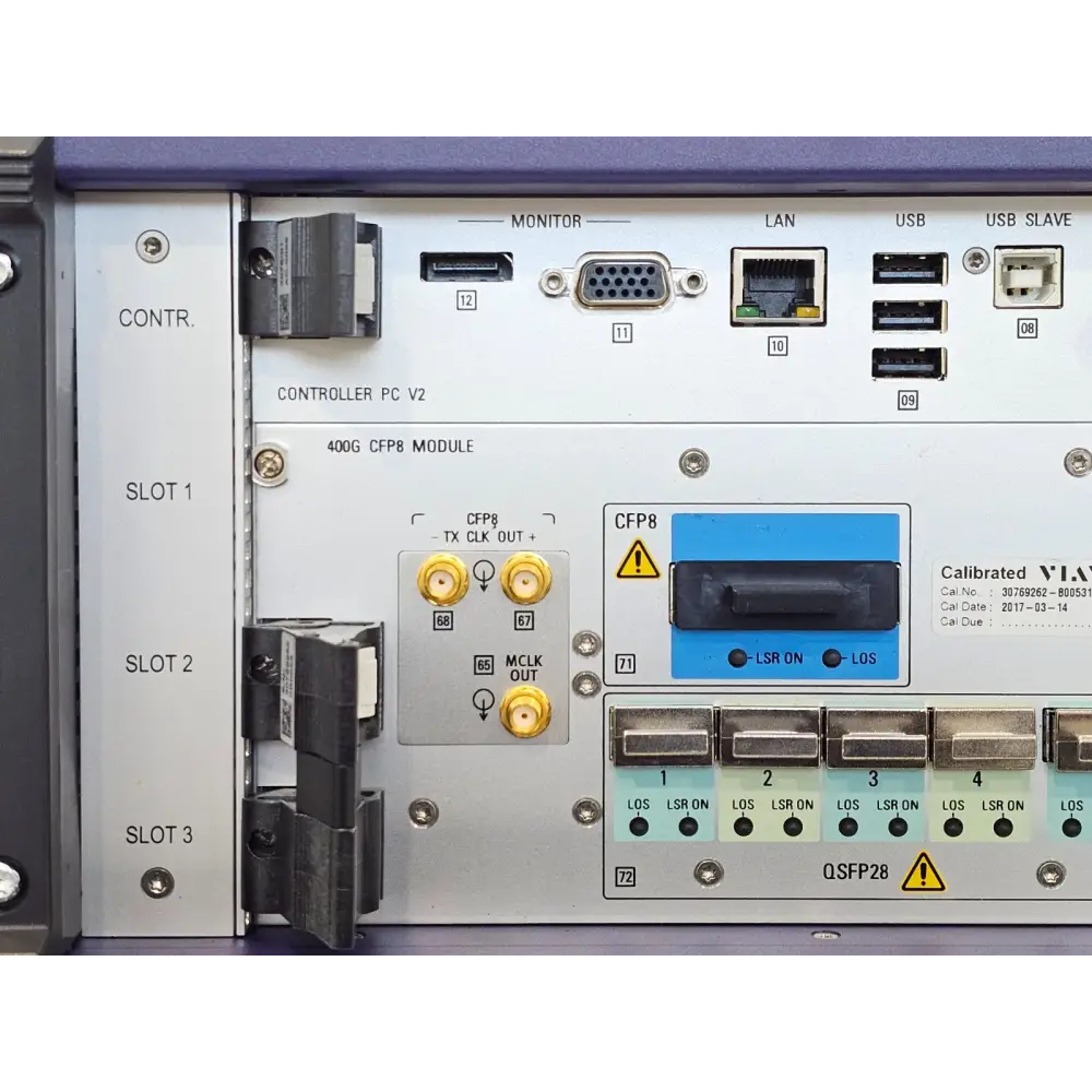 ONT-603 400G CFP8 module close-up showing AUI-16 interface and LED indicators
