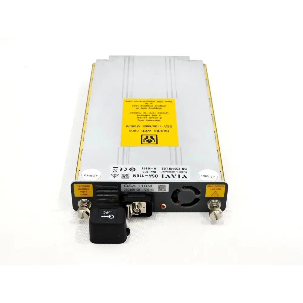 Viavi OSA-110M front panel view showing PC-FC optical port connector, caution label, and max power +23 dBm marking