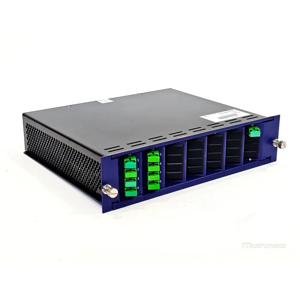 Viavi OTAU 1x8 optical switch module removed from chassis, showing 8 numbered LC/APC ports and C1 common port
