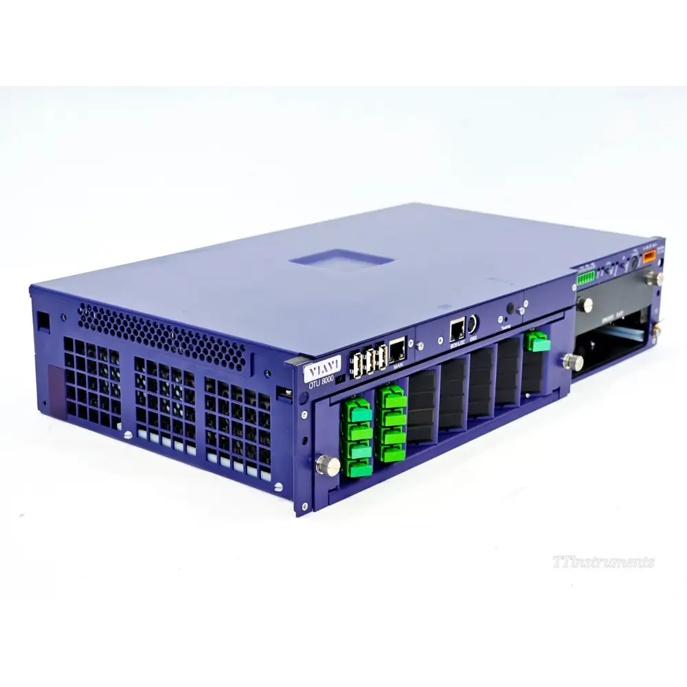 Viavi OTU 8000E v2 chassis angled front-left view showing LC/APC optical ports, ventilation grille and control panel