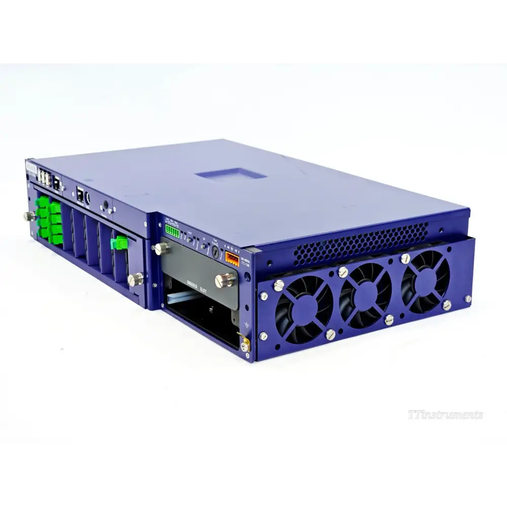 Viavi OTU 8000E v2 chassis angled right-rear view showing three cooling fans, unused slot panel and power connections