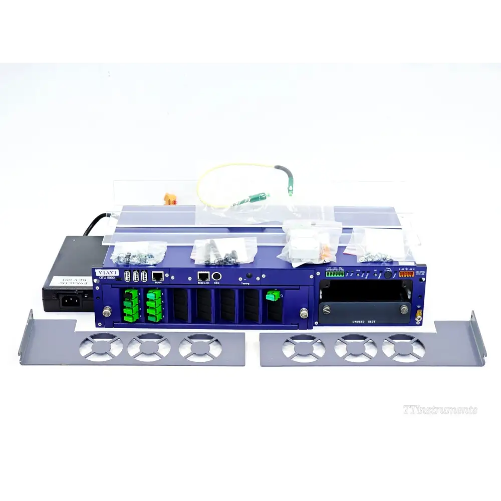 Viavi JDSU OTU 8000E v2 modular optical test unit front view with OTAU 1x8 optical switch