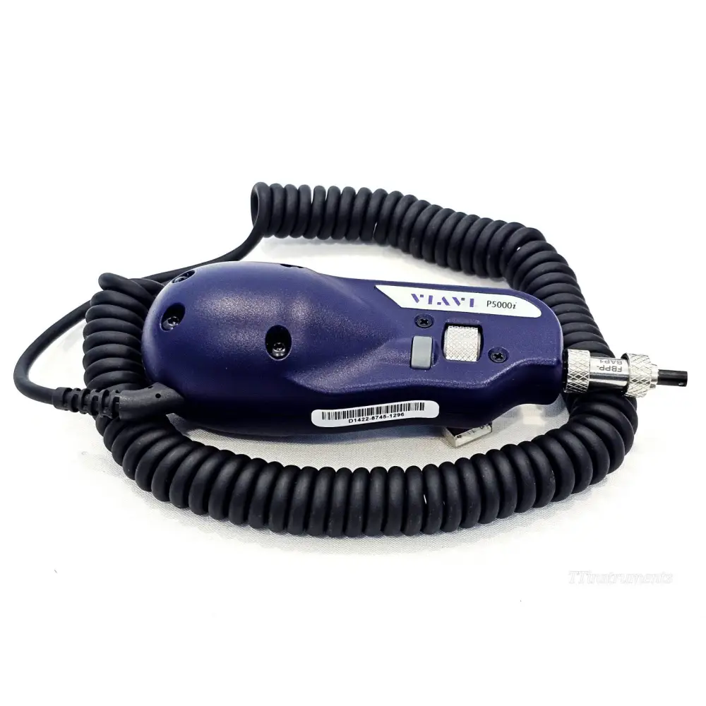 Viavi JDSU P5000i fibre inspection probe close-up showing USB connector, VIAVI label, serial number barcode sticker
