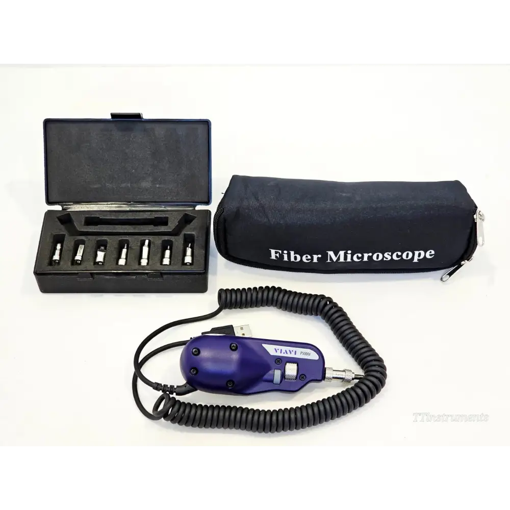 Viavi JDSU P5000i fibre inspection scope with 7 FBPT tips in hard case, soft carry pouch, and USB coiled cable