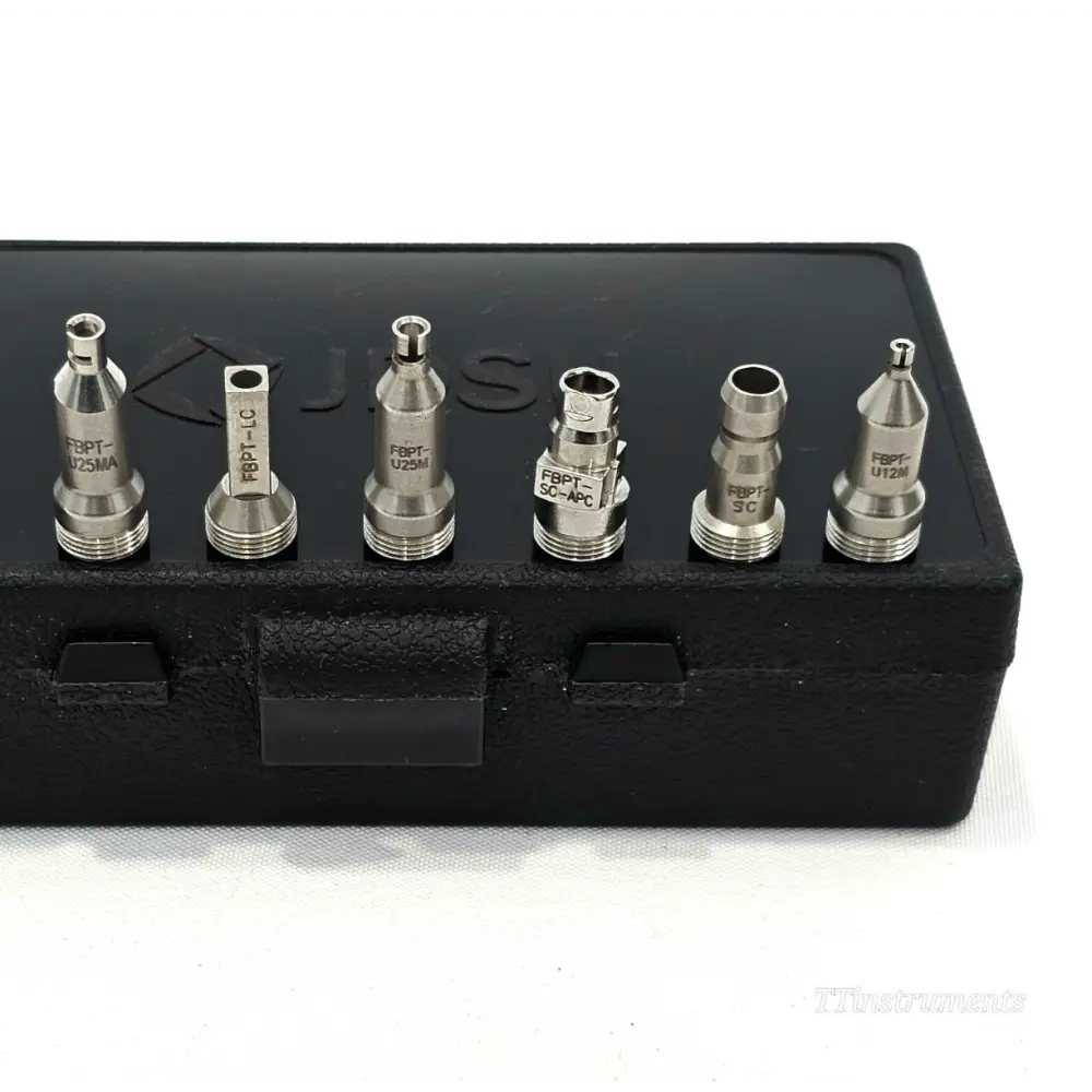 Viavi P5000i inspection scope showing included 2.5mm and 1.25mm tips and SC LC bulkhead accessories