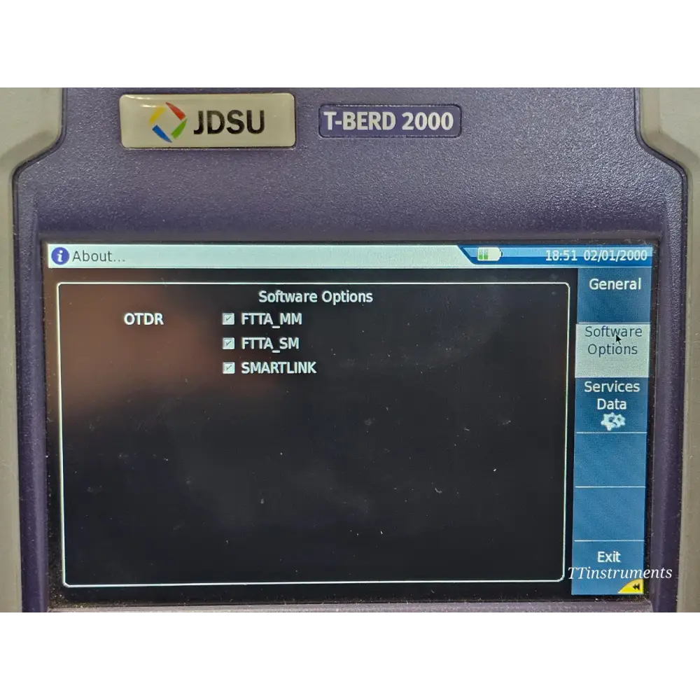 JDSU T-BERD 2000 software options screen showing licensed OTDR options: FTTA_MM, FTTA_SM, SMARTLINK