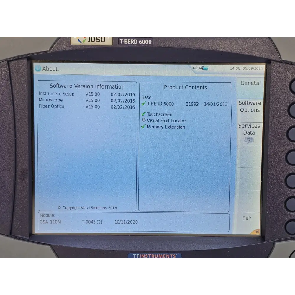 T-BERD 6000 touchscreen interface showing OSA module menu and settings