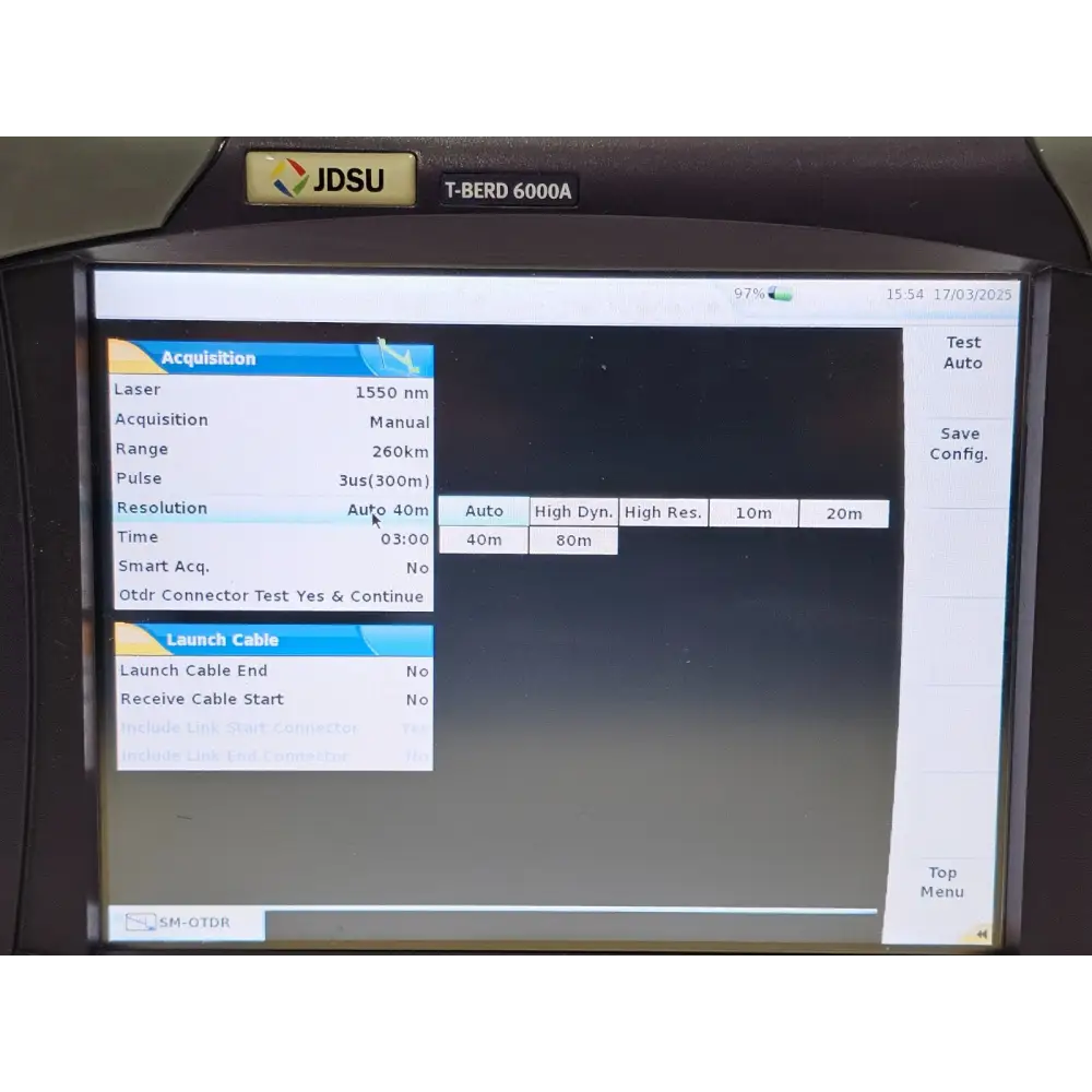 Close-up of T-BERD 6000A screen showing software interface and test options