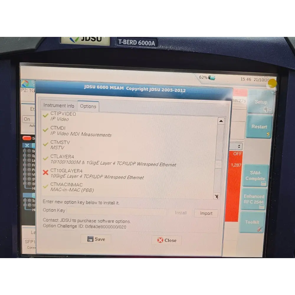 Viavi T-BERD 6000A 10G Ethernet test result screen — active BER measurement