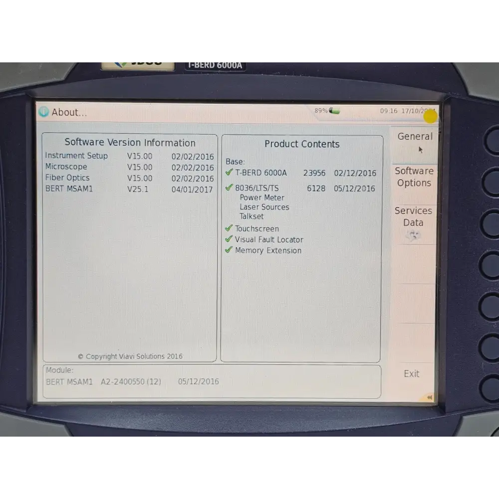 T-BERD 6000A licence screen showing SDH SONET VoIP and Layer 4 options