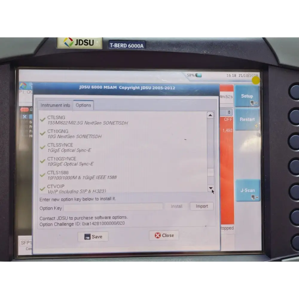 T-BERD 6000A powered on showing main menu and module selection screen