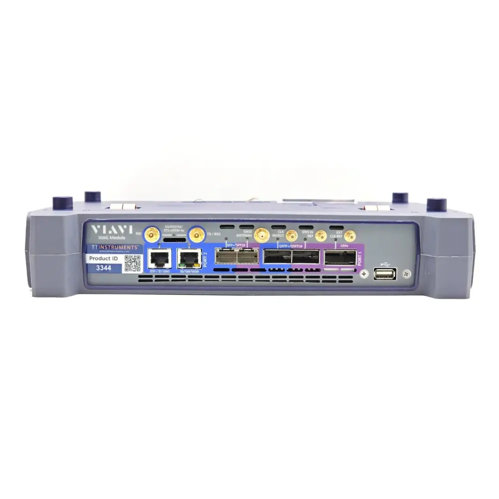 Viavi TM100GA 100G Module front panel view showing all ports: CFP4, QSFP28, SFP28, RJ-45, RJ-48c, BNC, SMA and USB