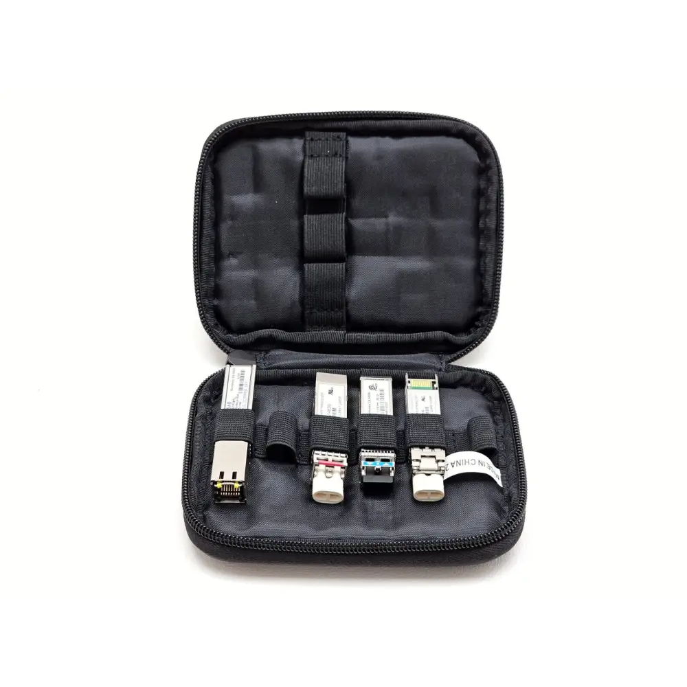 Zip accessory case included with Viavi TM100GA containing four SFP optical transceiver modules held in elasticated pockets