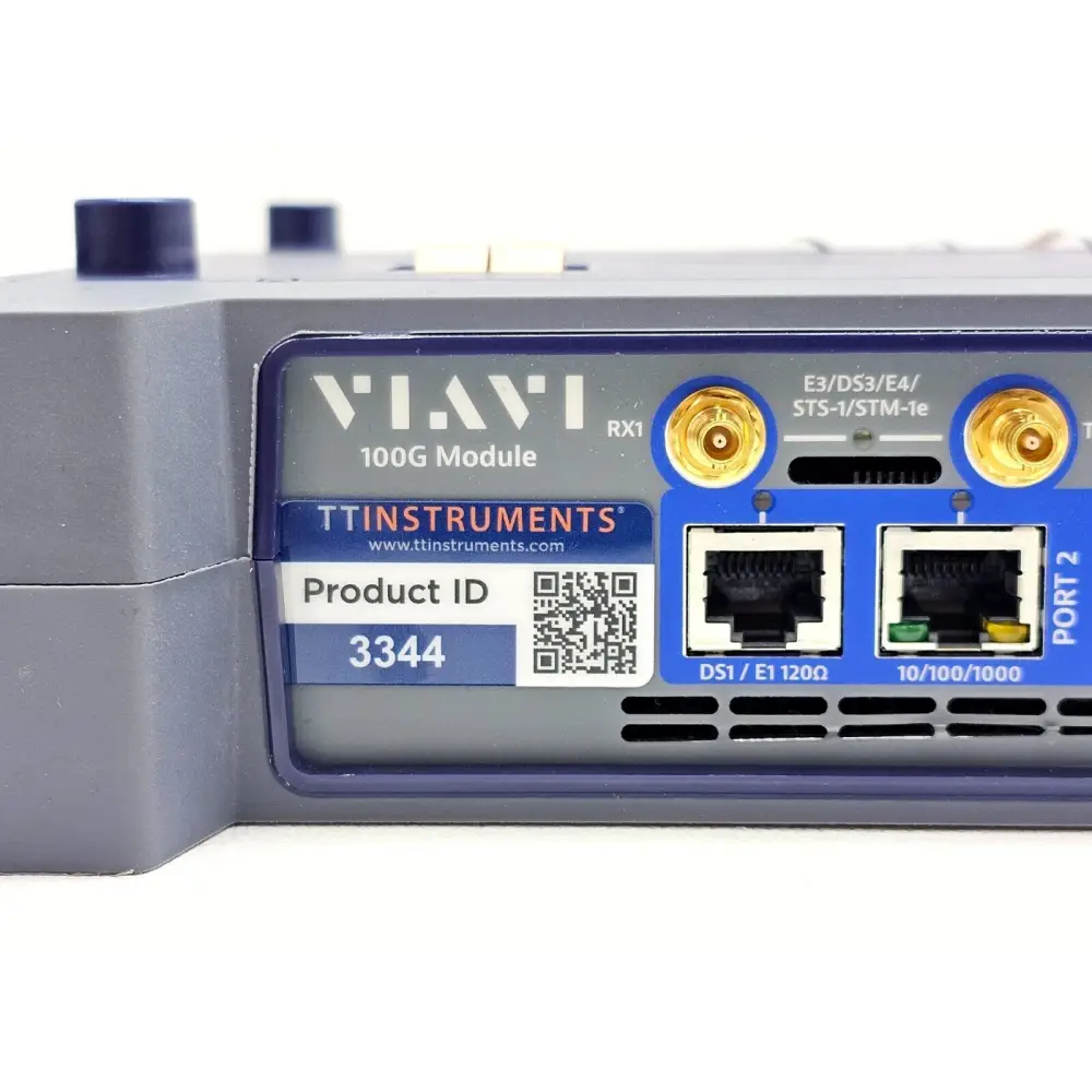 Viavi TM100GA 100G Module close-up of Port 2 area showing DS1/E1 RJ-48c, 10/100/1000 RJ-45, and Mini-BNC connectors