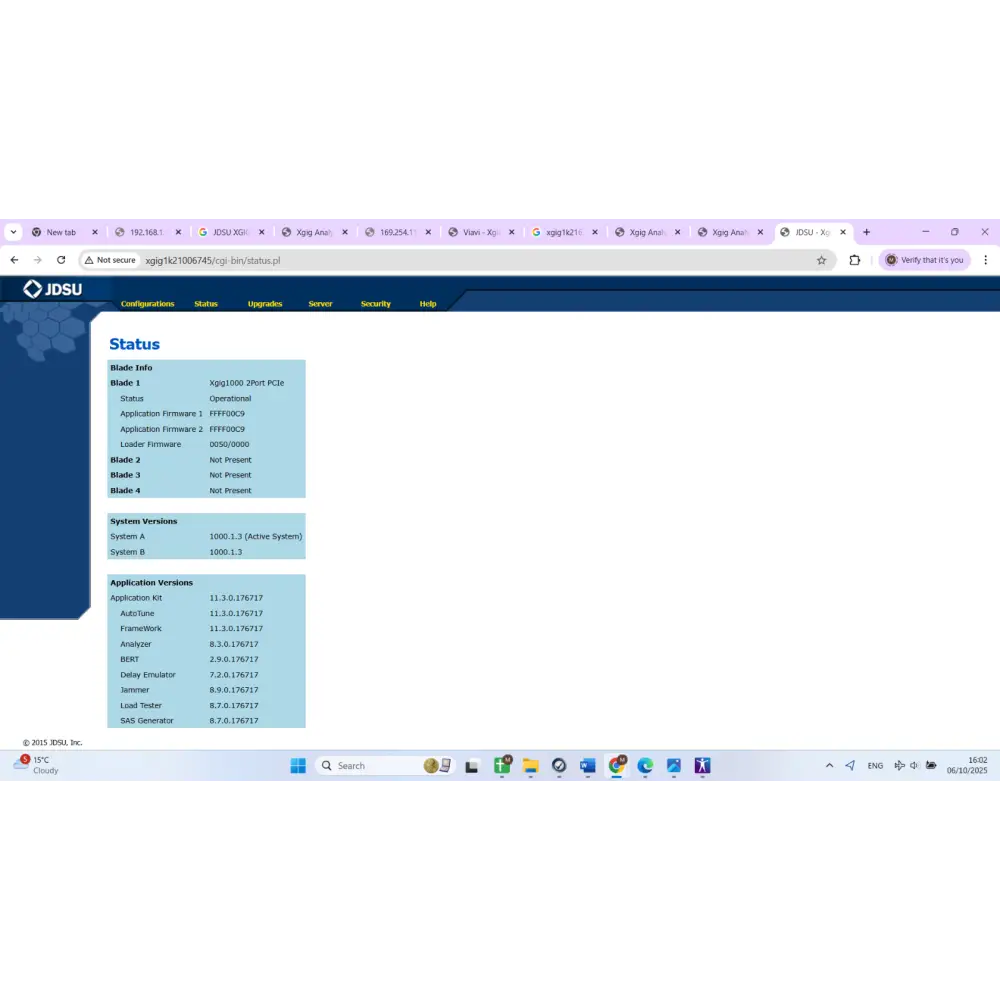 JDSU Xgig 1000 status page showing Blade 1 operational, firmware FFFF00C9, system version 1000.1.3, application versions