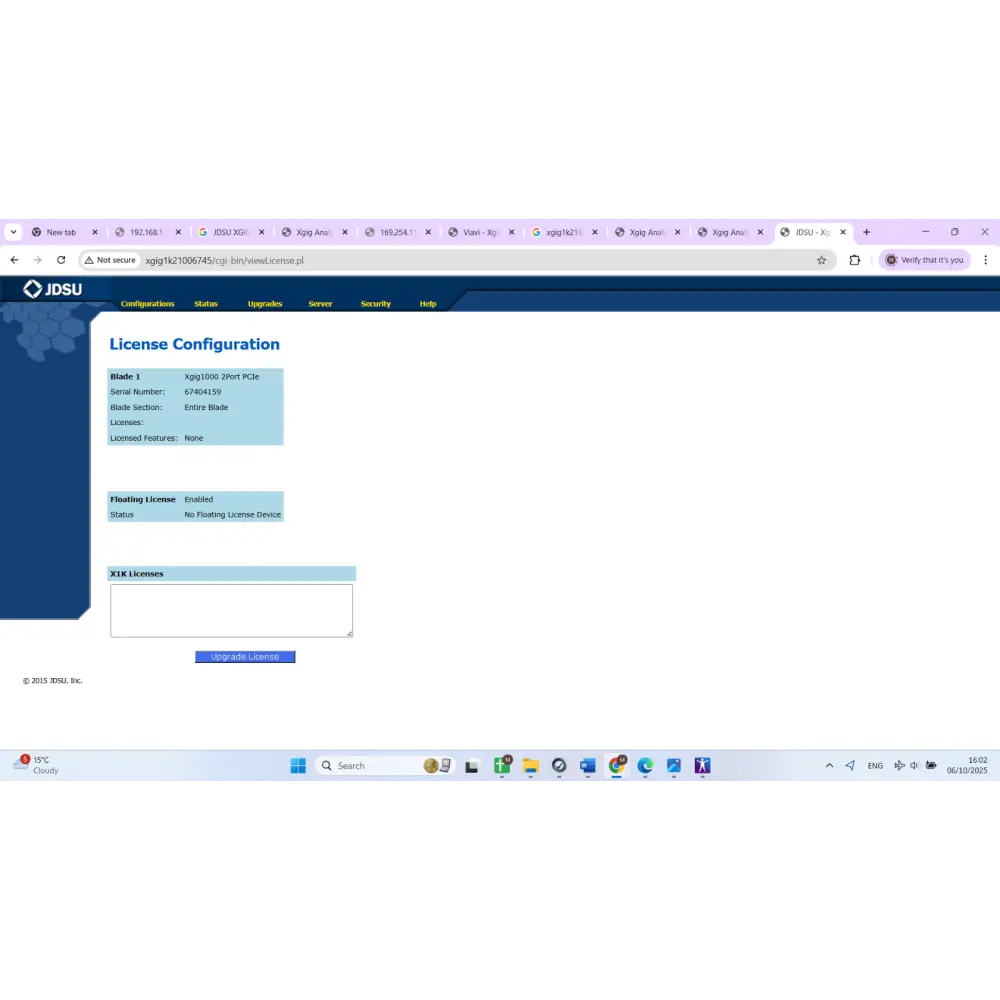 JDSU Xgig 1000 licence configuration screen showing Blade 1 Xgig1000 2Port PCIe serial 67404159 with no licensed features