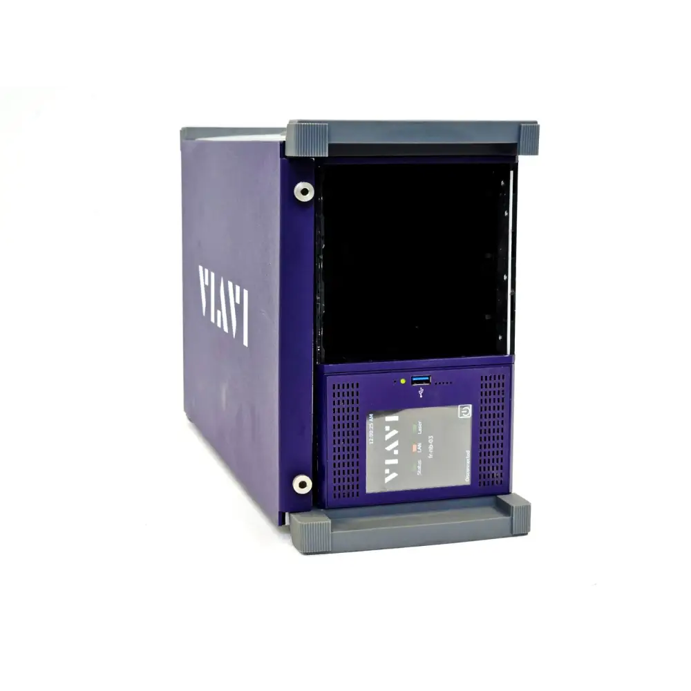 Viavi MAP-330CH chassis angled view showing purple enclosure, grey bumpers, and MAP-300CLD-B controller with 3.5" touchscreen