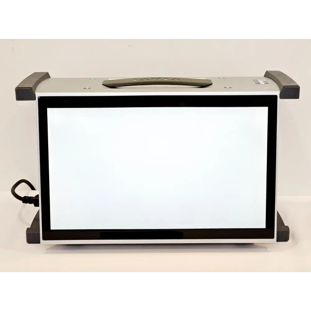 Viavi MAP-330CH front view with MAP-300AKD-B 15.6" touchscreen illuminated white — screen stuck on white, power cable visible