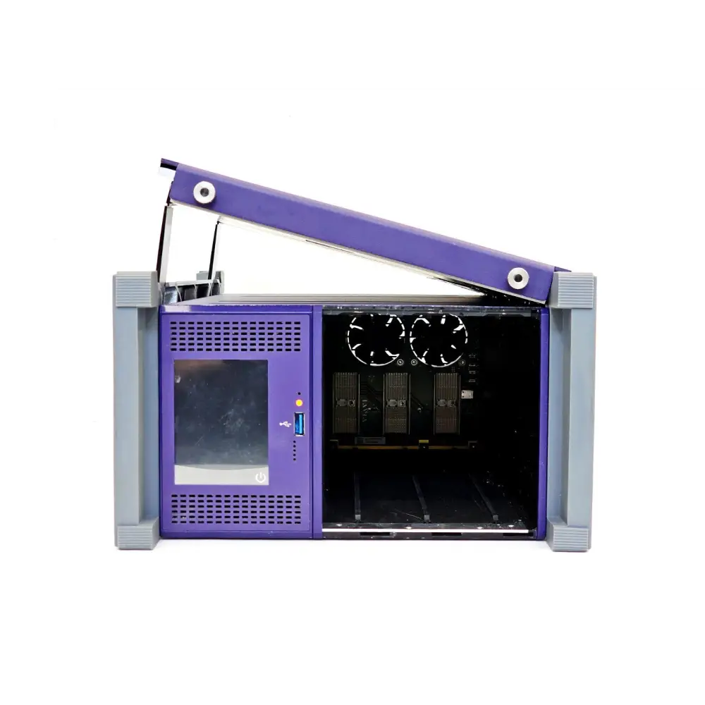 Viavi MAP-330CH top lid open showing internal dual cooling fans, empty module slots, MAP-300CLD-B controller and USB port