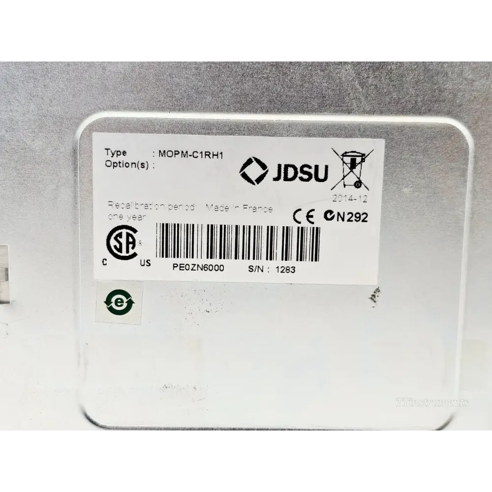 VIAVI MOPM-C1RH1 rear label showing type MOPM-C1RH1, serial number 1283, date 2014-12, made in France