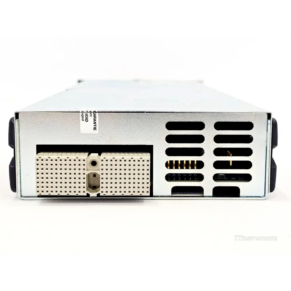 VIAVI MOPM-C1RH1 rear view showing backplane connector, gold edge contacts, ventilation slots and warranty seal