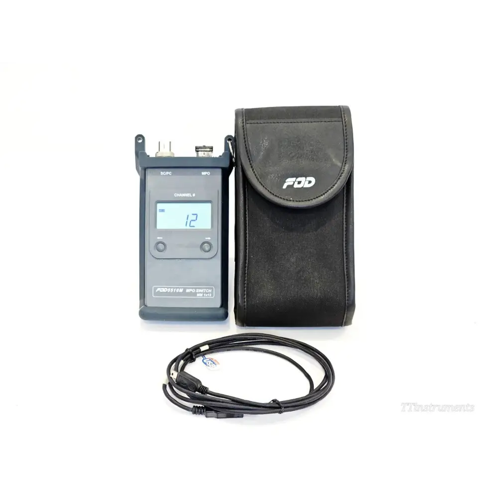 Viavi FOD5510M MPO Switch MM 1x12 OM4 front view with soft carry case and USB cable