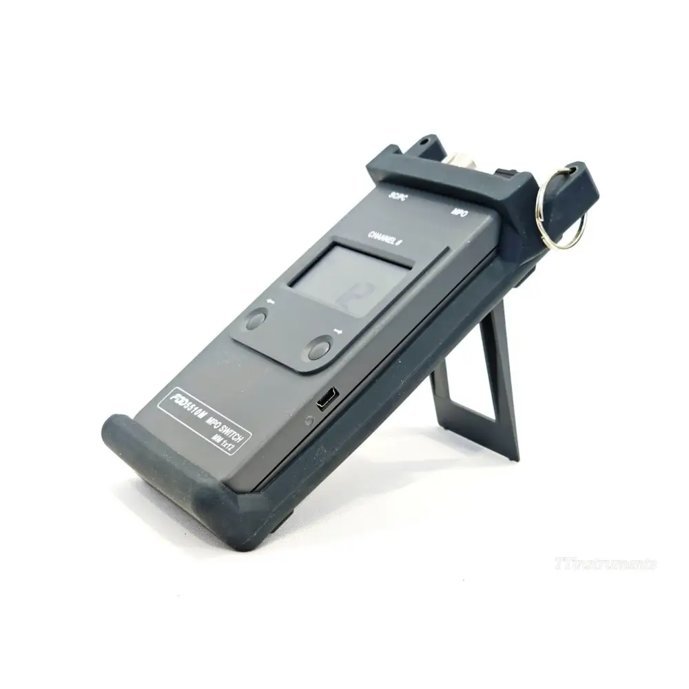 FOD5510M MPO Switch MM 1x12 angled side view with rubber boot and kickstand deployed