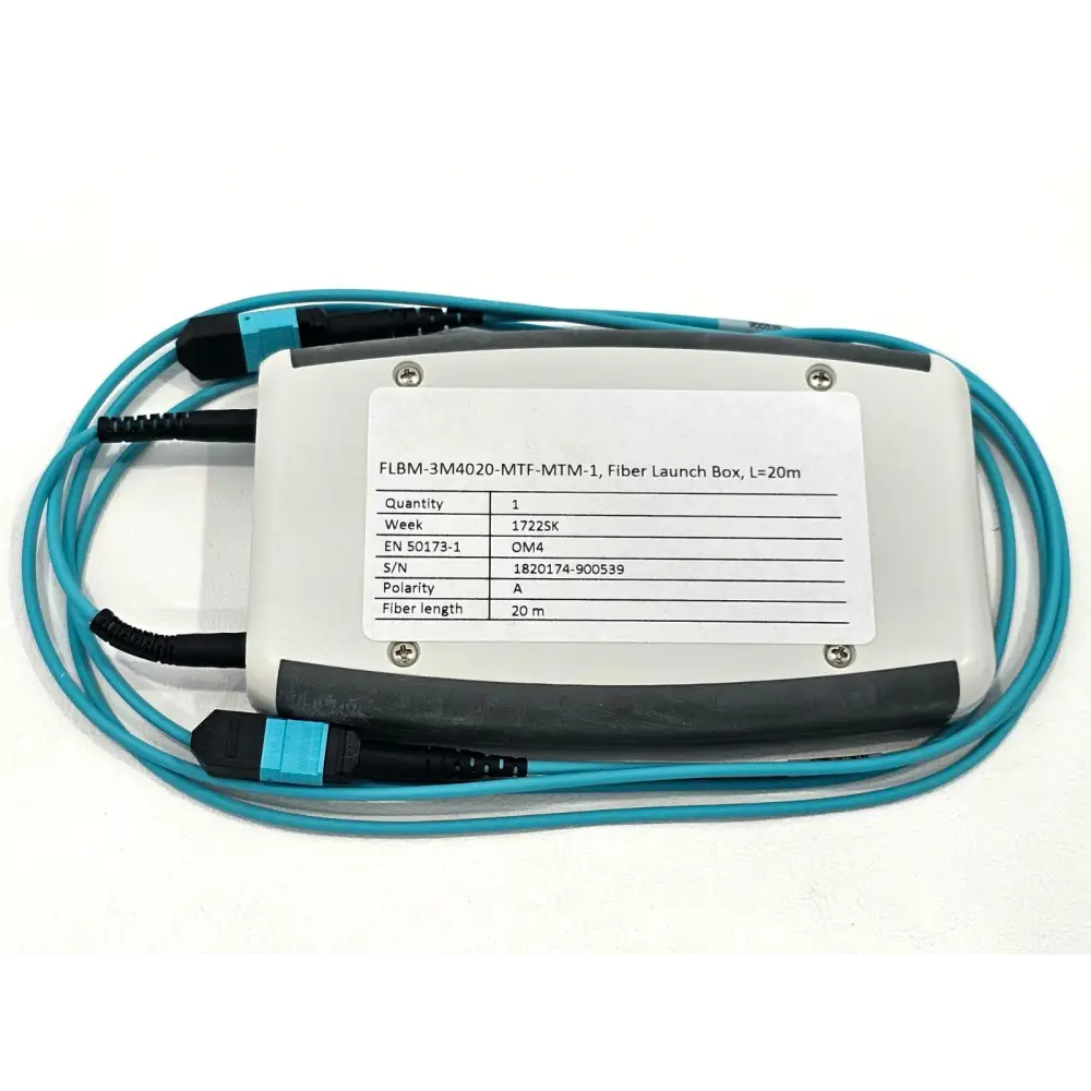 FLBM-3M4020-MTF-MTM-1 OM4 MPO fibre launch box 20m with aqua MPO cables S/N 1820174-900539 Polarity A