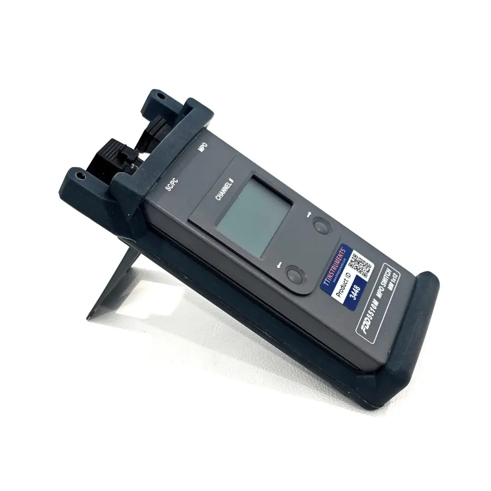Viavi FOD5510M MPO Switch angled view showing SC/PC MPO ports, LCD display and rubber boot with kickstand