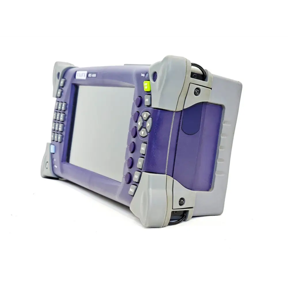 Viavi MTS 4000 mainframe angled right-side view showing rubber corner protectors, module bay door and navigation buttons
