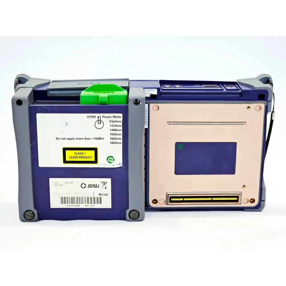 Viavi MTS 4000 with 4126 LM OTDR module removed — rear panel label showing Class 1 laser, 1310/1550nm, JDSU branding, S/N 879