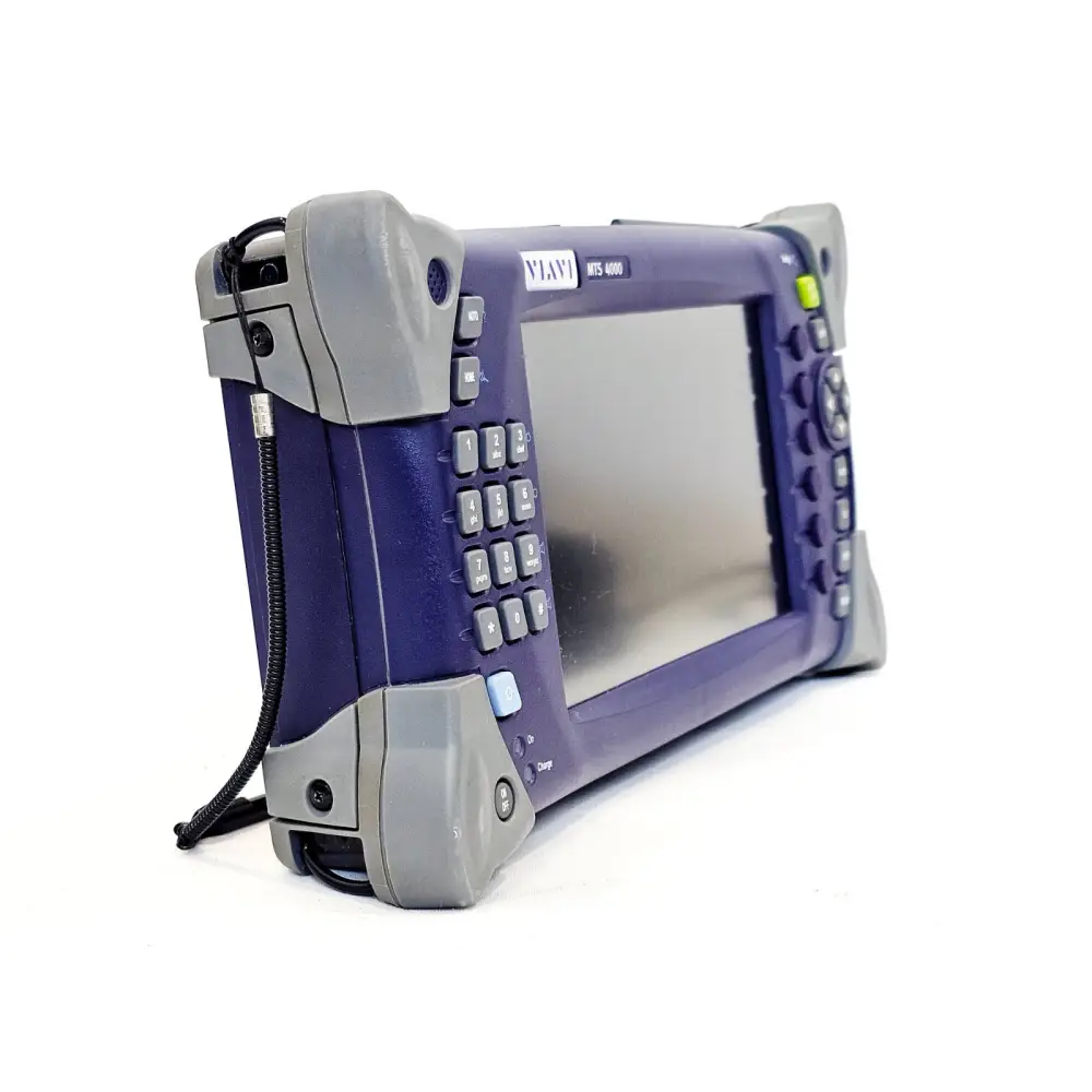 Viavi MTS 4000 OTDR angled left-side view showing numeric keypad, coiled stylus tether, power/charge LEDs and ON/OFF button