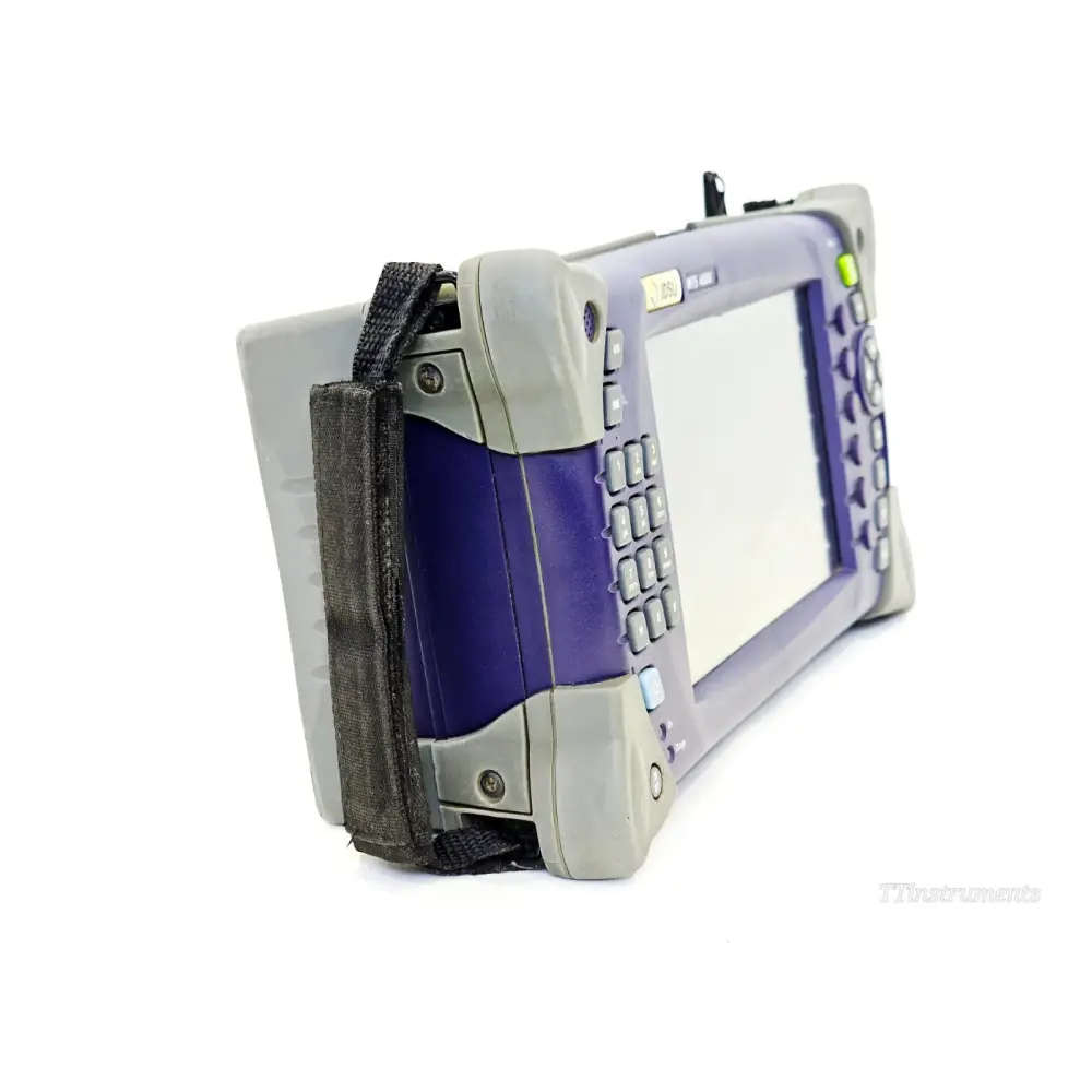 VIAVI JDSU MTS 4000 OTDR left-side angle view showing module bay and rubber corner protectors