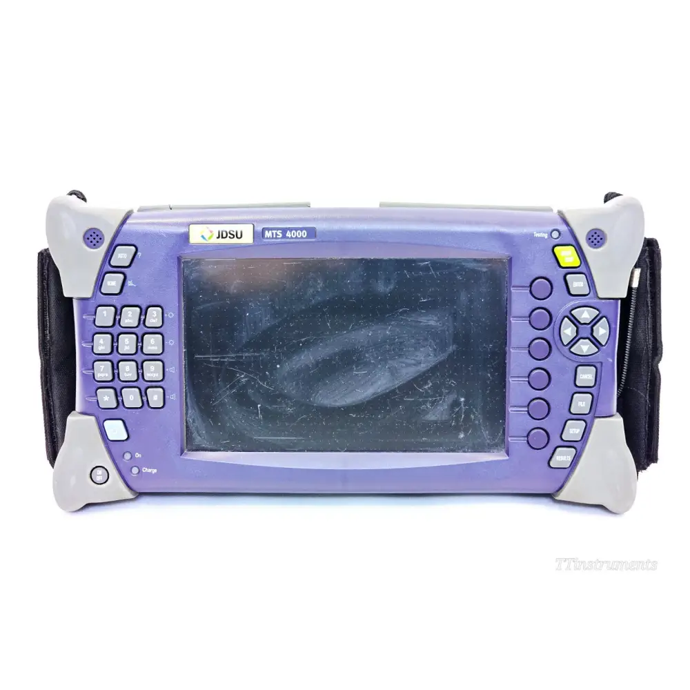 VIAVI JDSU MTS 4000 SM OTDR front panel showing keypad, navigation buttons and scratched display