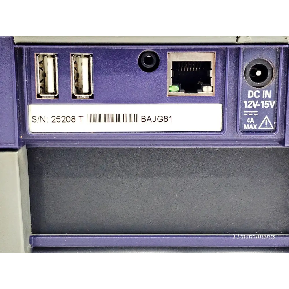 VIAVI MTS 4000 OTDR top edge showing dual USB ports, headphone jack, Ethernet port, DC IN 12V-15V and serial number 25208 T