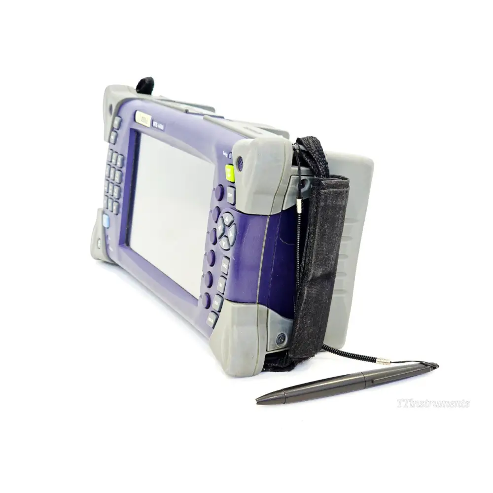 VIAVI JDSU MTS 4000 OTDR right-side angle view showing module slot zipper pocket and stylus pen