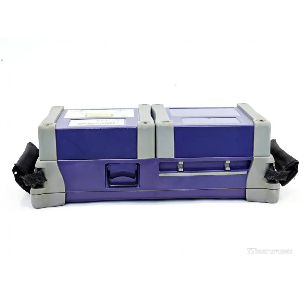 VIAVI JDSU MTS 4000 OTDR bottom view showing battery compartment latches and carry strap attachments