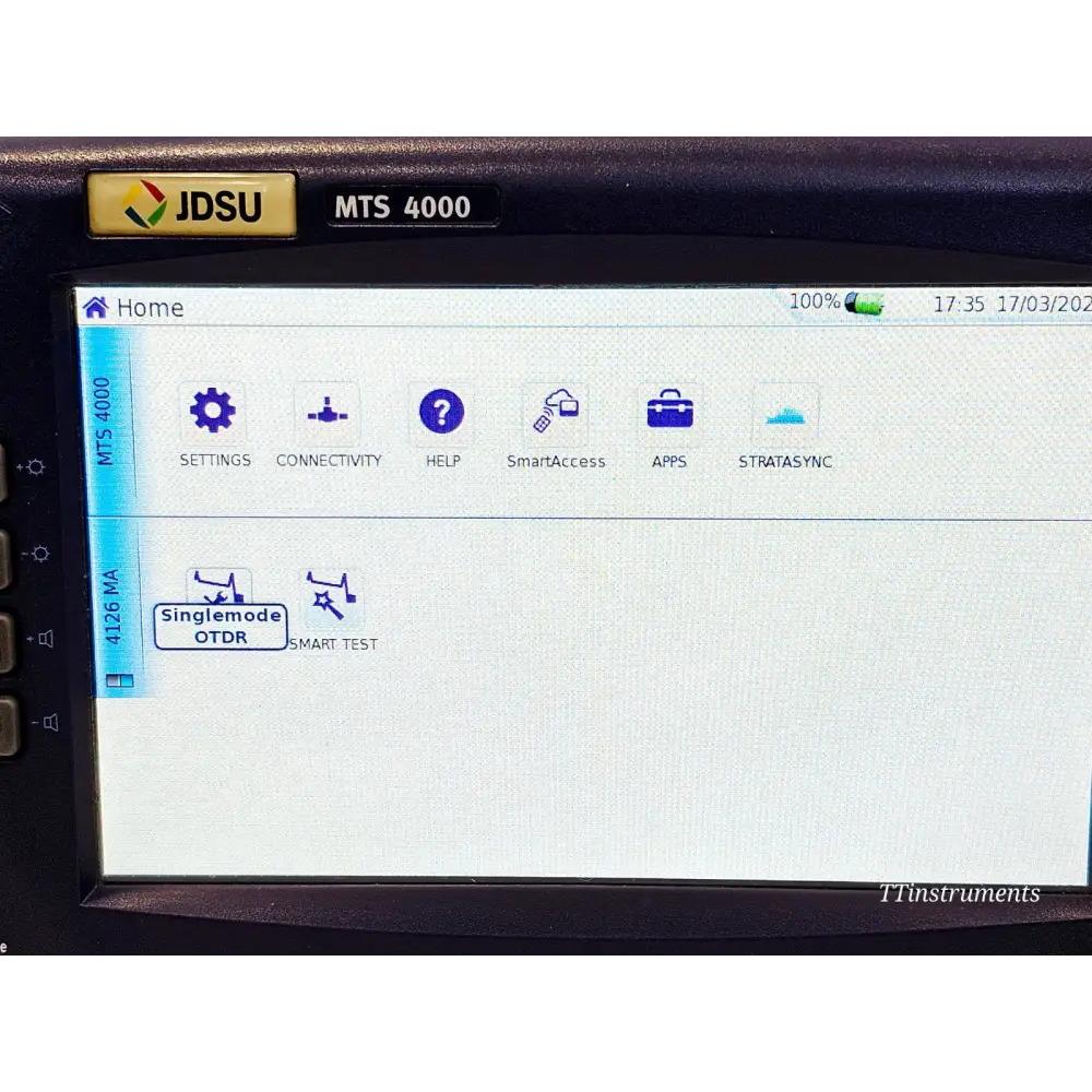 VIAVI JDSU MTS 4000 home screen displaying Singlemode OTDR and Smart Test active modules with StrataSync and SmartAccess
