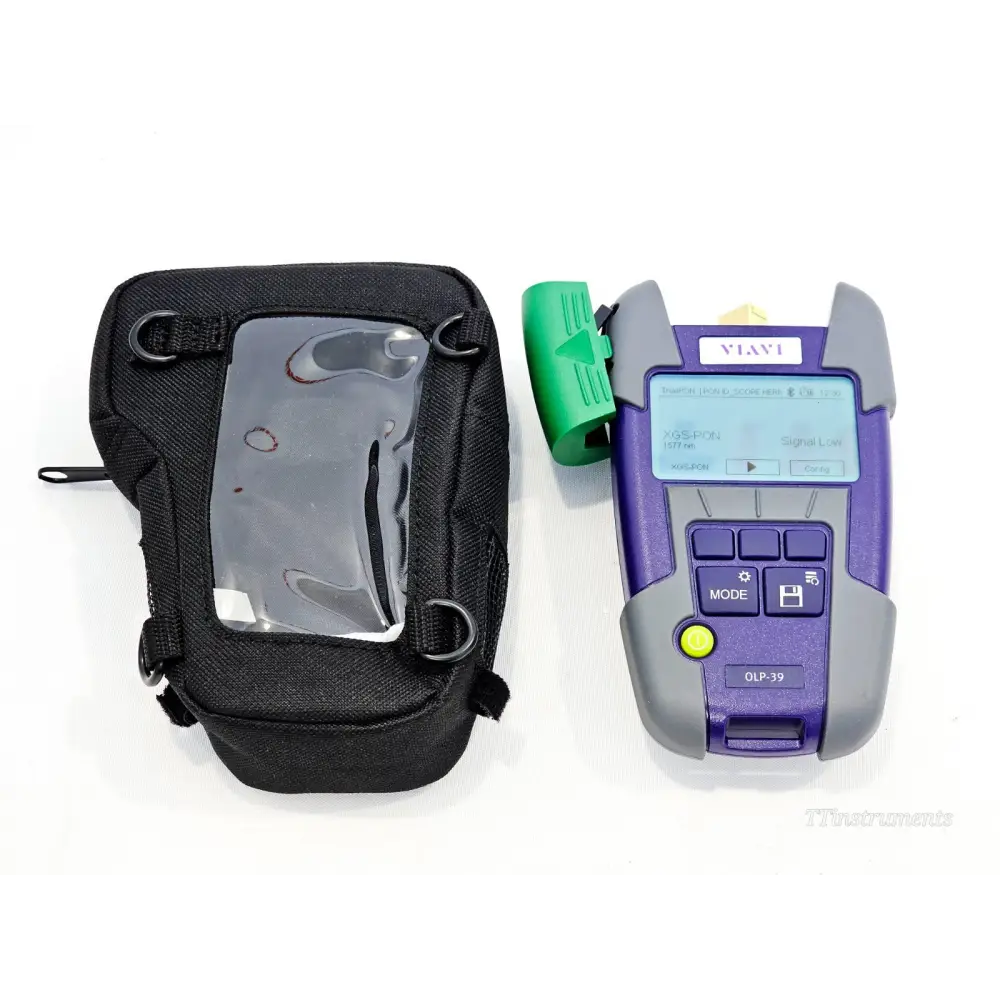 VIAVI OLP-39X TruePON power meter front view with XGS-PON display active, green SC/APC cap, and soft carry bag