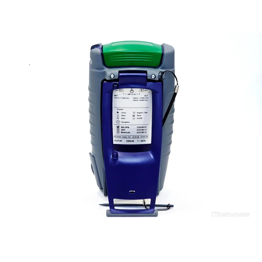 VIAVI OLP-87 rear panel showing options label: BB-OPM active, WiFi and Bluetooth unlicensed, serial T-0874 type 2305/36