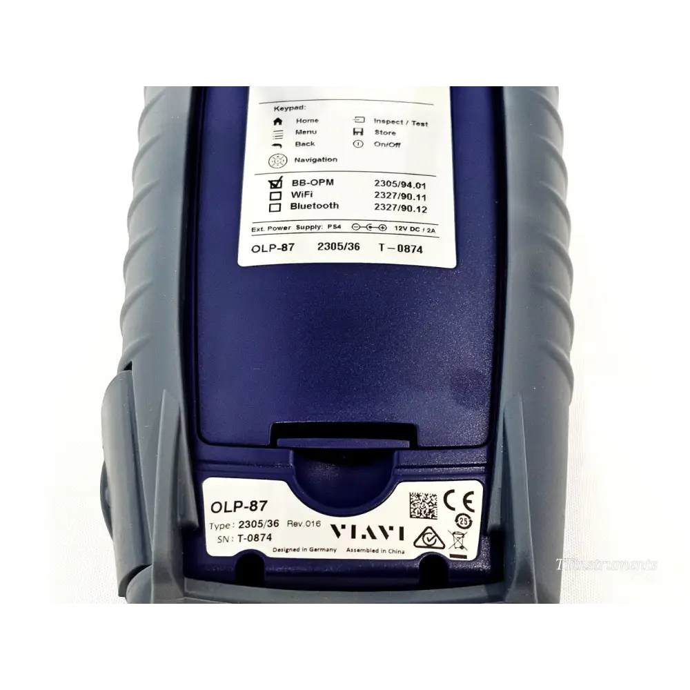 VIAVI OLP-87 bottom label close-up showing model OLP-87, type 2305/36, Rev.016, SN T-0874, CE marking, designed in Germany