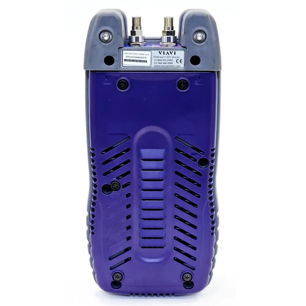 Viavi ONX-630 OneExpert CATV rear view showing serial number label, dual F-connectors and ventilation