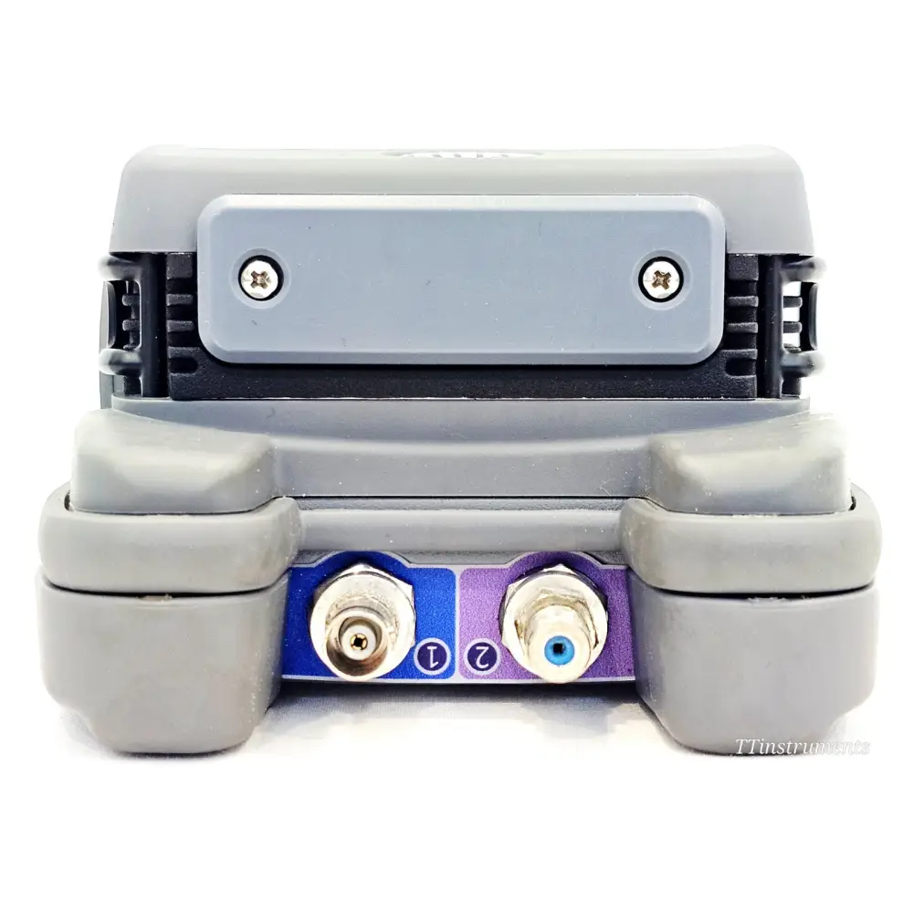 VIAVI ONX-630 top view showing DuoPort dual F-connector ports labelled 1 and 2 with colour coding