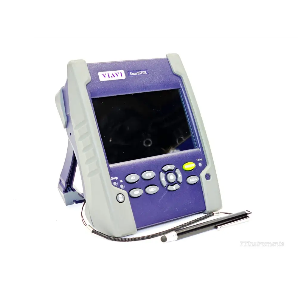 VIAVI SmartOTDR E118FA65 front view on stand showing touchscreen, keypad with navigation buttons and stylus pen